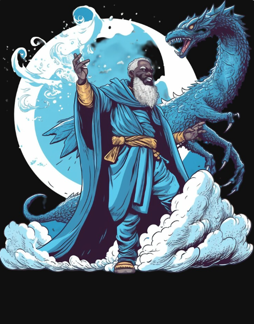 Graphic image of a Black wizard with his blue dragon familiar.