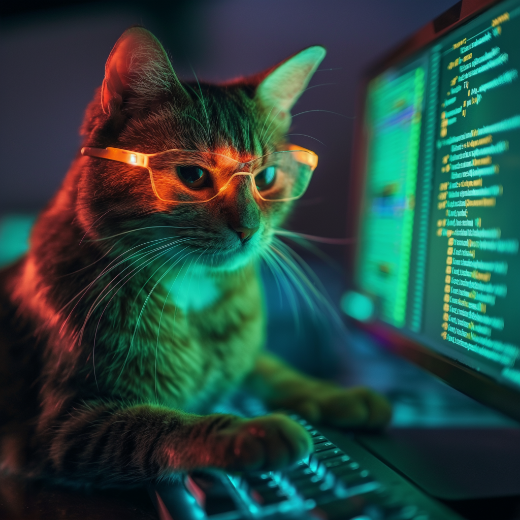 Cat wearing glowing glasses typing on a computer